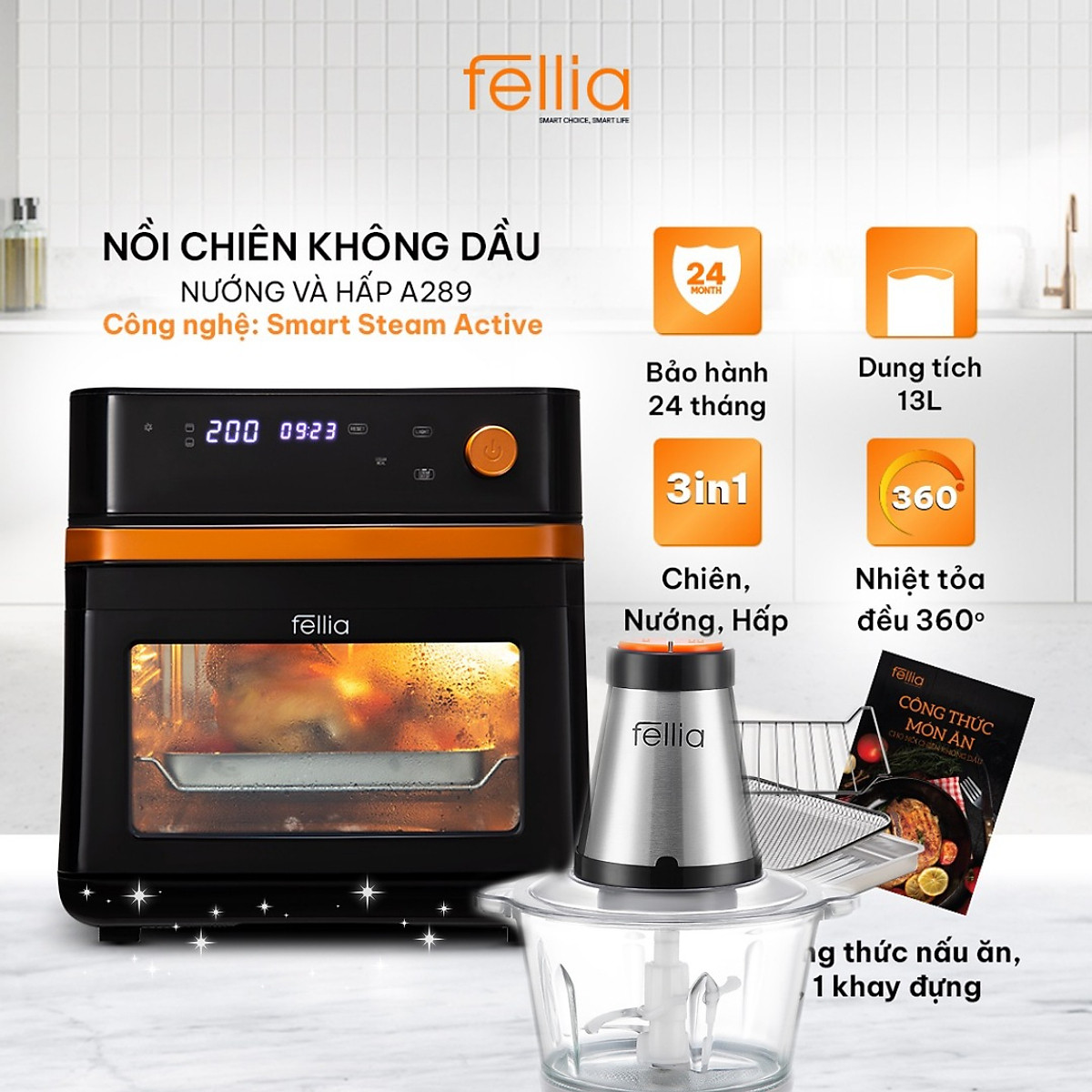 Tốp 10+ nồi chiên không dầu tốt nhất hiện nay, Nồi chiên không dầu nướng và hấp Fellia A289